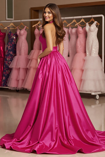 Halter A Line Fuchsia Long Prom Dress With Slit
